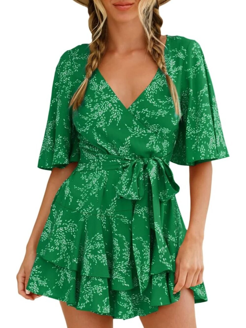 Women's Summer Short Jade Green Flared Sleeve Romper VNeck Floral Print Jumpsuit